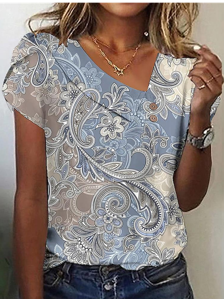 

Ethnic Casual Asymmetrical Buckle T-Shirt, Blue, T-Shirts