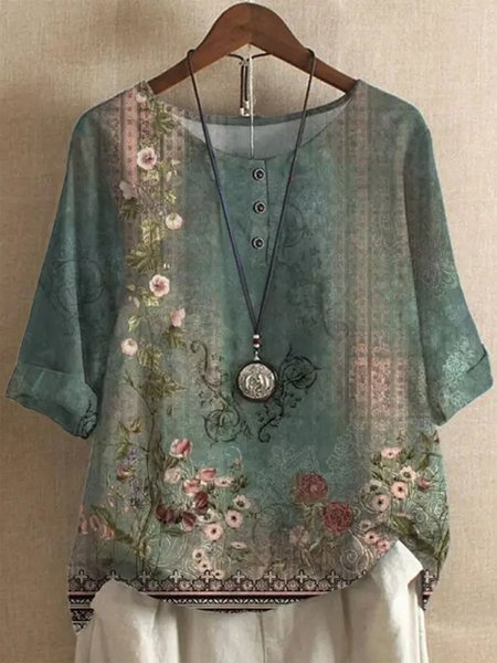 

Loose Crew Neck Casual Floral Shirt, Green, Shirts & Blouses