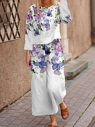 

Casual Floral Two-Piece Set, White, Suit Set