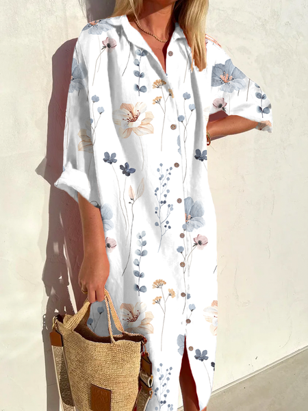 

Women Casual Floral Loose Three Quarter Sleeve Shirt Dress, White, Midi Dresses