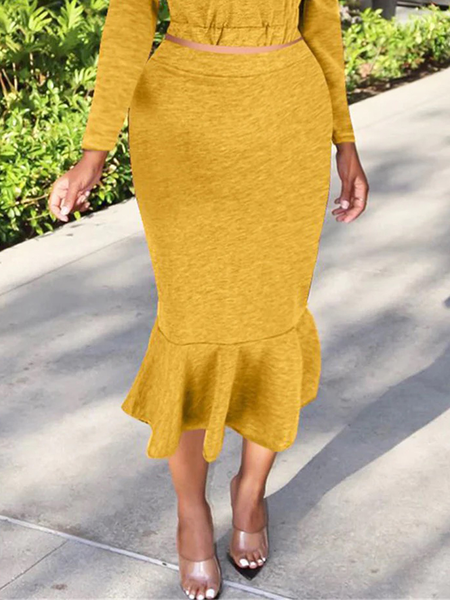 

Regular Fit Micro-Elasticity Plain Casual Midi Skirt, Yellow, Skirts