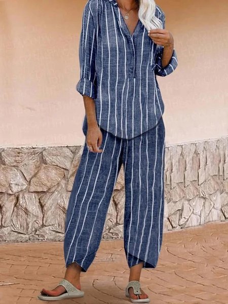 

Loose Striped Casual V Neck Two-Piece Set, Blue, Suit Set