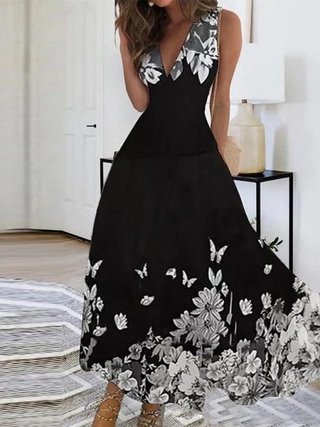 

Casual Floral V neck Regular Fit Dress, Black, Dresses