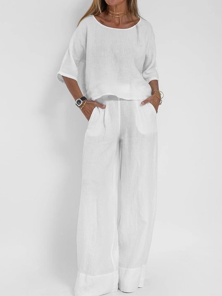 

Crew Neck Casual Two-Piece Set, White, Suit Set