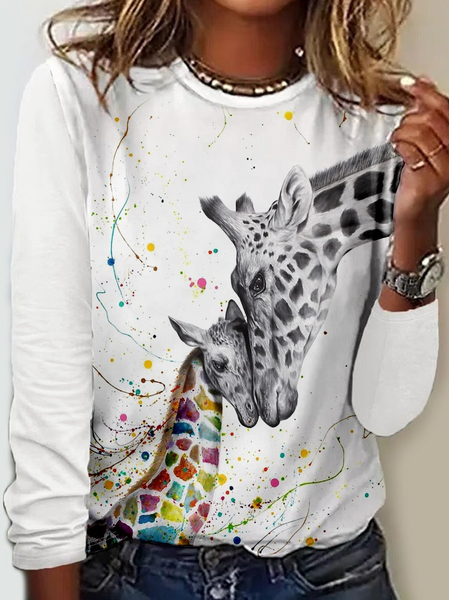 Women's Regular Fit Deer Crew Neck Simple Shirt, White, Long sleeves