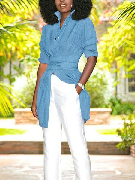 

Casual Regular Fit Shirt Collar Faux Denim Blouse, Blue, Blouses and Shirts