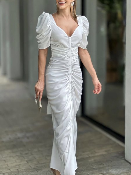 

Elegant Shirt Collar Plain Regular Fit Dress, White, Maxi Dresses