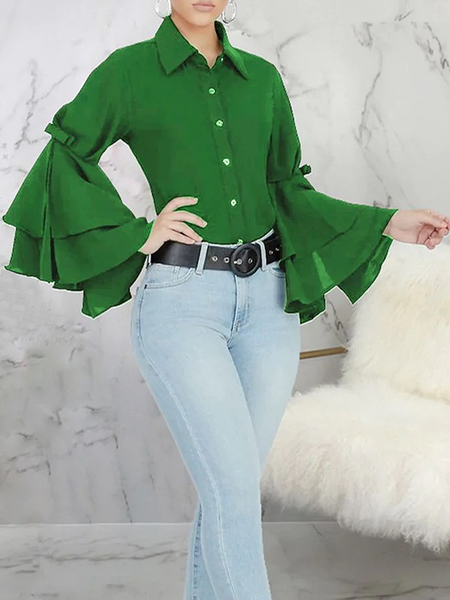 

Regular Fit Lightweight Shirt Collar Long sleeve Urban Plain Blouse, Green, Blouses and Shirts