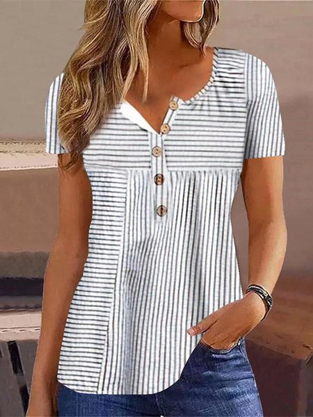 

V Neck Striped Casual Buttoned Shirt, Light gray, Shirts & Blouses