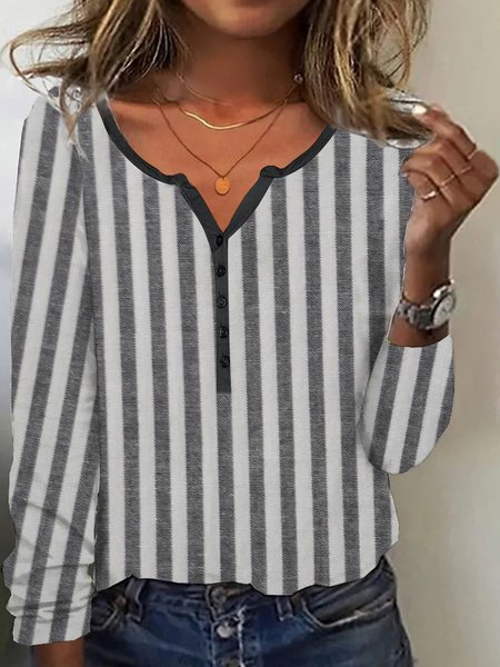 

Casual Striped Notched Loose T-Shirt, Gray, T-Shirts