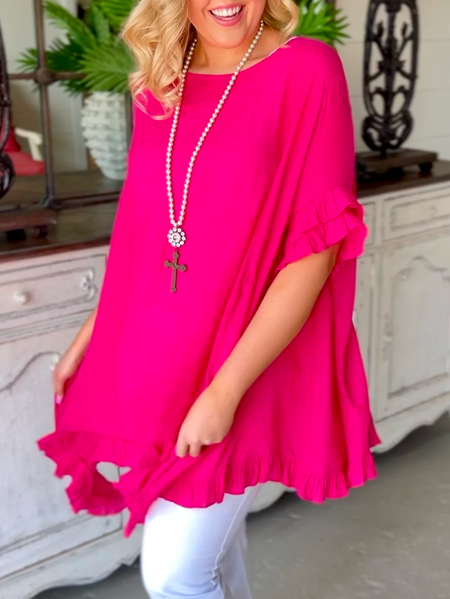 

Crew Neck Linen Loose Casual Shirt, Pink, Shirts & Blouses
