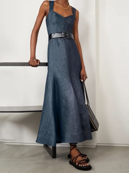 

Urban Plain Faux Denim Dress With No Belt, Deep blue, Maxi Dresses