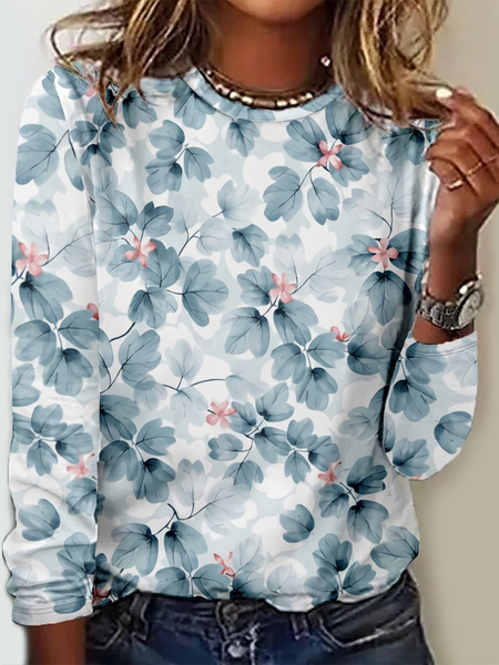 

Women's Floral Casual Crew Neck Shirt, Light blue, Long sleeves