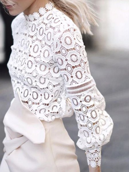 

Long sleeve Regular Fit Stand Collar Elegant Shirt, White, Blouses and Shirts