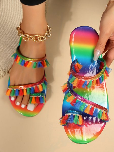 

Multicolor Ombre Tassels Toe Ring Slide Sandals, Sandals & Slippers