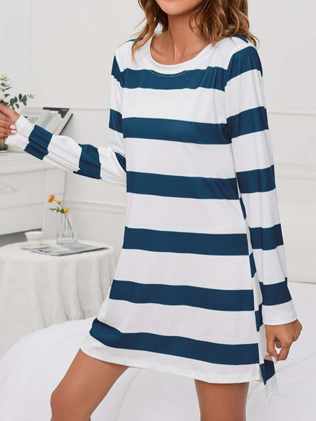 

Casual Crew Neck Striped Loose Dress With No Belt, Blue, Dresses