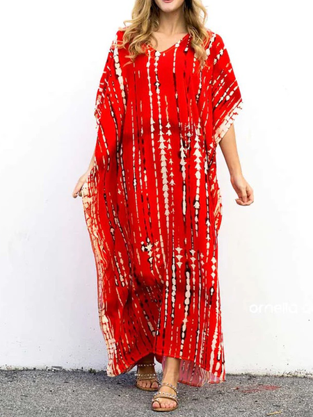 

Vacation Loose Short sleeve Abstract Maxi Dress With No Belt, Red, Maxi Dresses