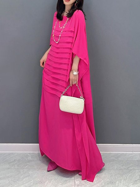 

Urban Crew Neck Plain Loose Dress, Deep pink, Maxi Dresses