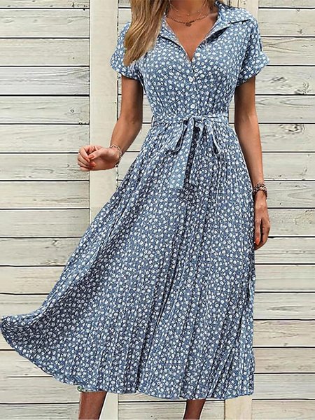 

Floral Shawl Collar Regular Fit Elegant Dress, Blue, Dresses
