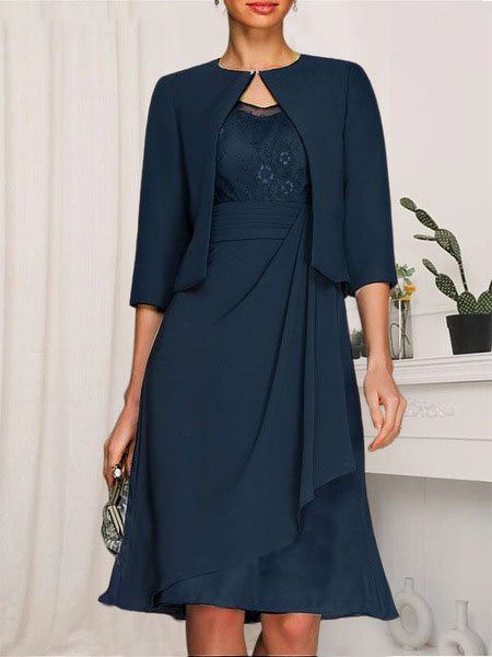 Lace Urban Plain Crew Neck Two-Piece Set, Dark blue, Suit Set