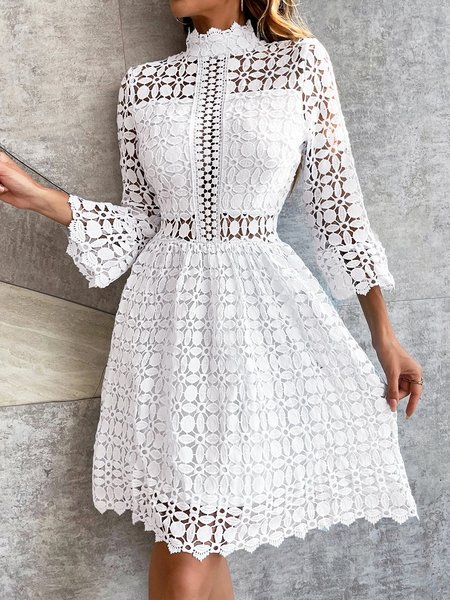 

Long sleeve Elegant Plain Lace Stand Collar Dress, White, Midi Dresses