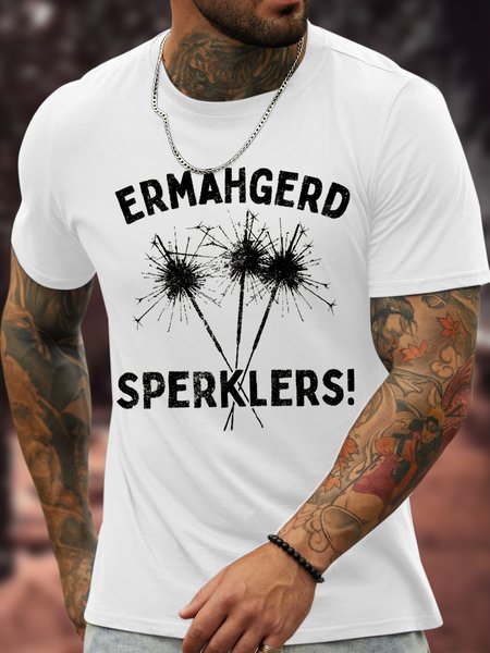 

Men's Funny Ermahgerd Sparklers Graphic Printing Casual Crew Neck Loose Cotton T-Shirt, White, T-shirts