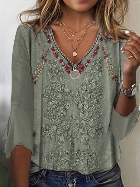 

Loose Casual V Neck Knitted Ethnic Shirt, Green, Shirts & Blouses