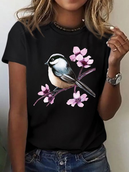 

Women's Chickadee bird and cherry blossoms print Crew Neck Casual T-Shirt, Black, T-shirts