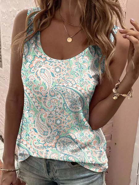 

Loose Casual Crew Neck Ethnic Tank Top, Green, Tanks & Camis