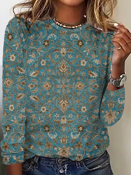

Abstract Crew Neck Casual Loose Long Sleeve T-Shirt, Blue, T-Shirts