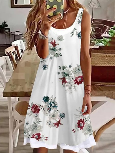 

Casual Floral Crew Neck Dress, White, Dresses