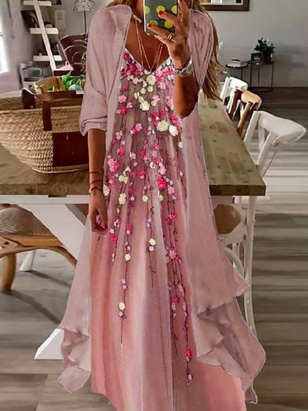 

Elegant V Neck Ombre Loose Women Long Sleeve V-neck Floral Printed Two-piece Dress, Pink, Suit Set