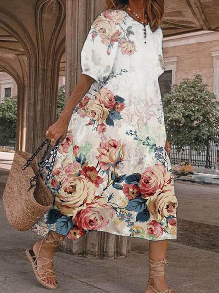 

Crew Neck Loose Elegant Floral Dress, Multicolor, Dresses