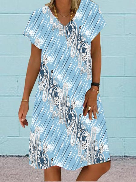 

Casual Abstract V neck Regular Fit Dress, Sky blue, Dresses