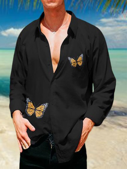 

Casual Butterfly Regular Sleeve Shirt, Black, Shirts ＆ Blouse