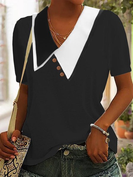 

Loose Casual Color Block Shawl Collar T-Shirt, Black, T-Shirts