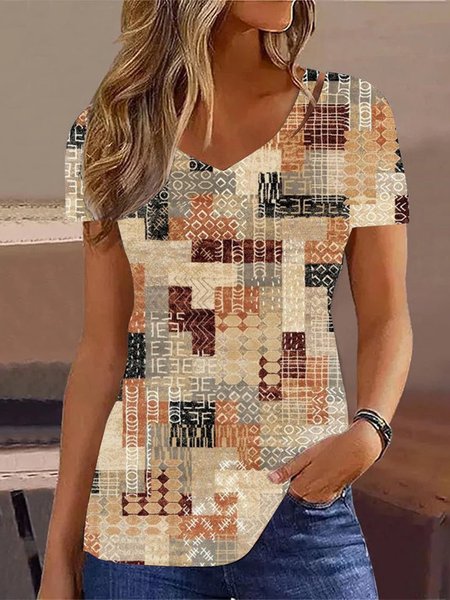 

Loose Ethnic Casual V Neck Shirt, Khaki, Shirts & Blouses