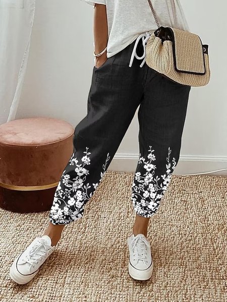 

Floral Casual Loose Pants, Black, Pants