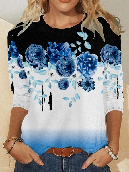 

Women's Crew Neck Floral Simple Regular Fit Shirt, Blue, Long sleeves