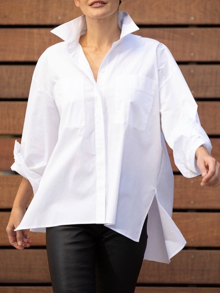 

Plain Loose Urban Shirt Collar Split Blouse, White, Blouses and Shirts