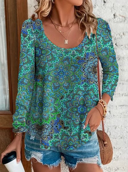

Casual Cotton Crew Neck Ethnic T-Shirt, Cyan, Long sleeves