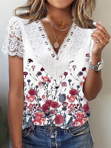 

V Neck Loose Floral Casual T-Shirt, Pink, T-Shirts