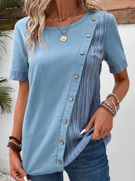 

Casual Crew Neck Loose Color Block Shirt, Blue, Shirts & Blouses