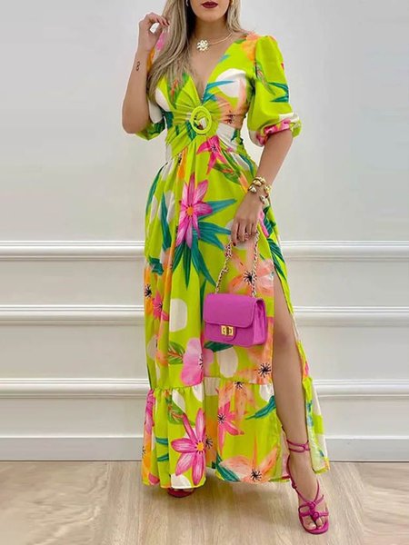 

Short Sleeve V Neck Vacation Regular Fit Floral Dress, Green, Maxi Dresses