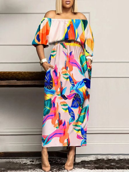 

Vacation Abstract Regular Fit Cold Shoulder Dress, As picture, Maxi Dresses
