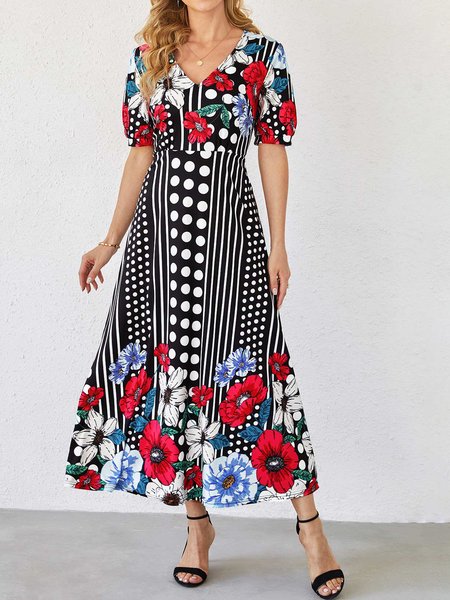 

Casual Polka Dots V Neck Regular Fit Dress, Flower, Dresses