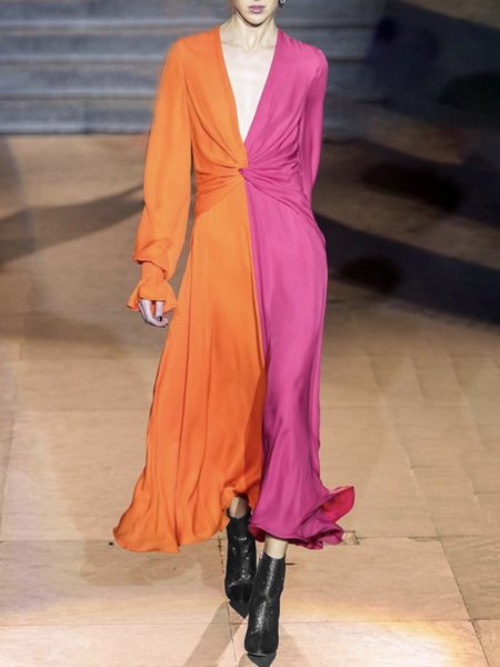 

Regular Fit Elegant V Neck Color Block Dress, Rose red, Maxi Dresses
