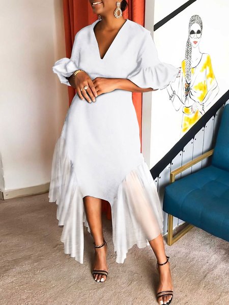 

Elegant Plain Lantern Sleeve Split Joint Dress, White, Maxi Dresses