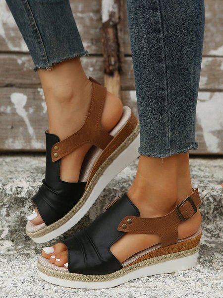 

Color Block Ruched Wedge Heel Espadrille Sandals, Black, Sandals