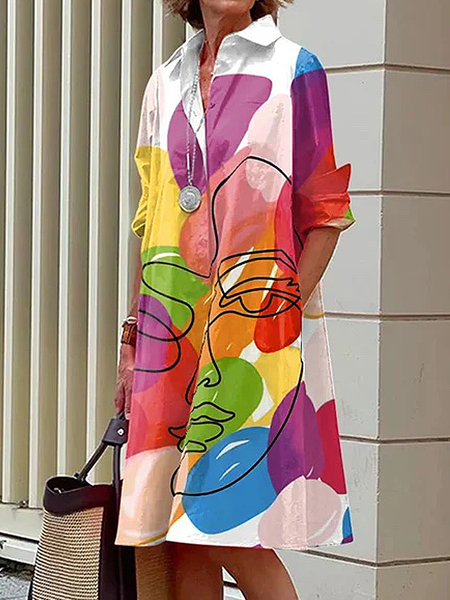 

Urban Abstract Shirt Collar Three Quarter Loose Dress Shirt Dress, As picture, Midi Dresses